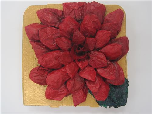 Bas-Relief Paper Mache Sculputre of a Red Rose on a Gold Canvas 